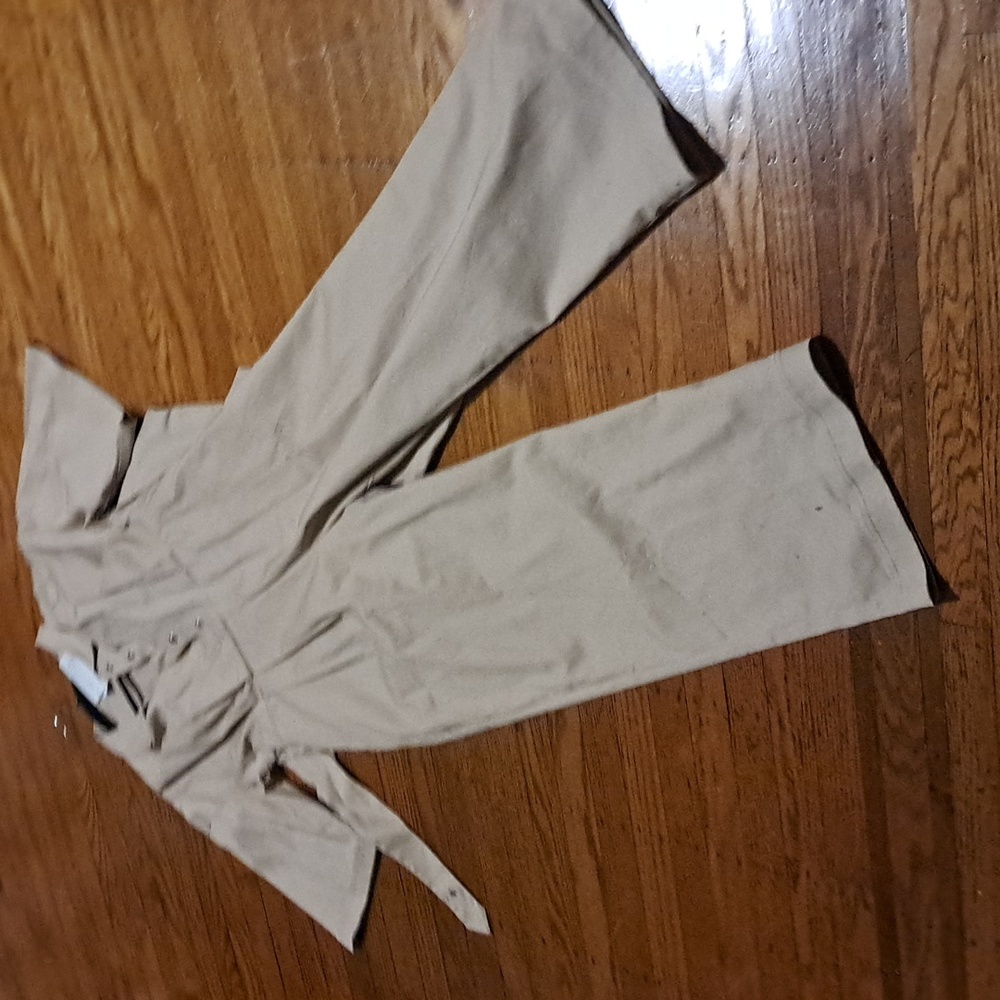 Khaki jumpsuit with cut out back wide leg buckle front